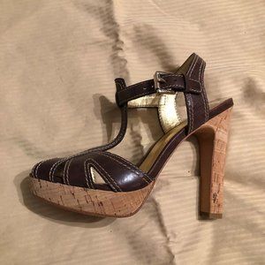 Coach Leather Cork Heel, dark brown, 7 1/2 B